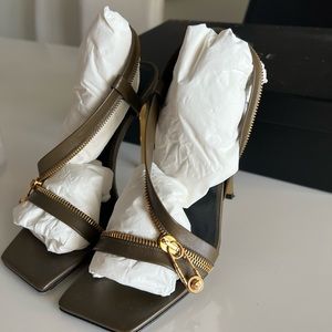 Versace Safety Pin Zipper Leather Slingback Sandals